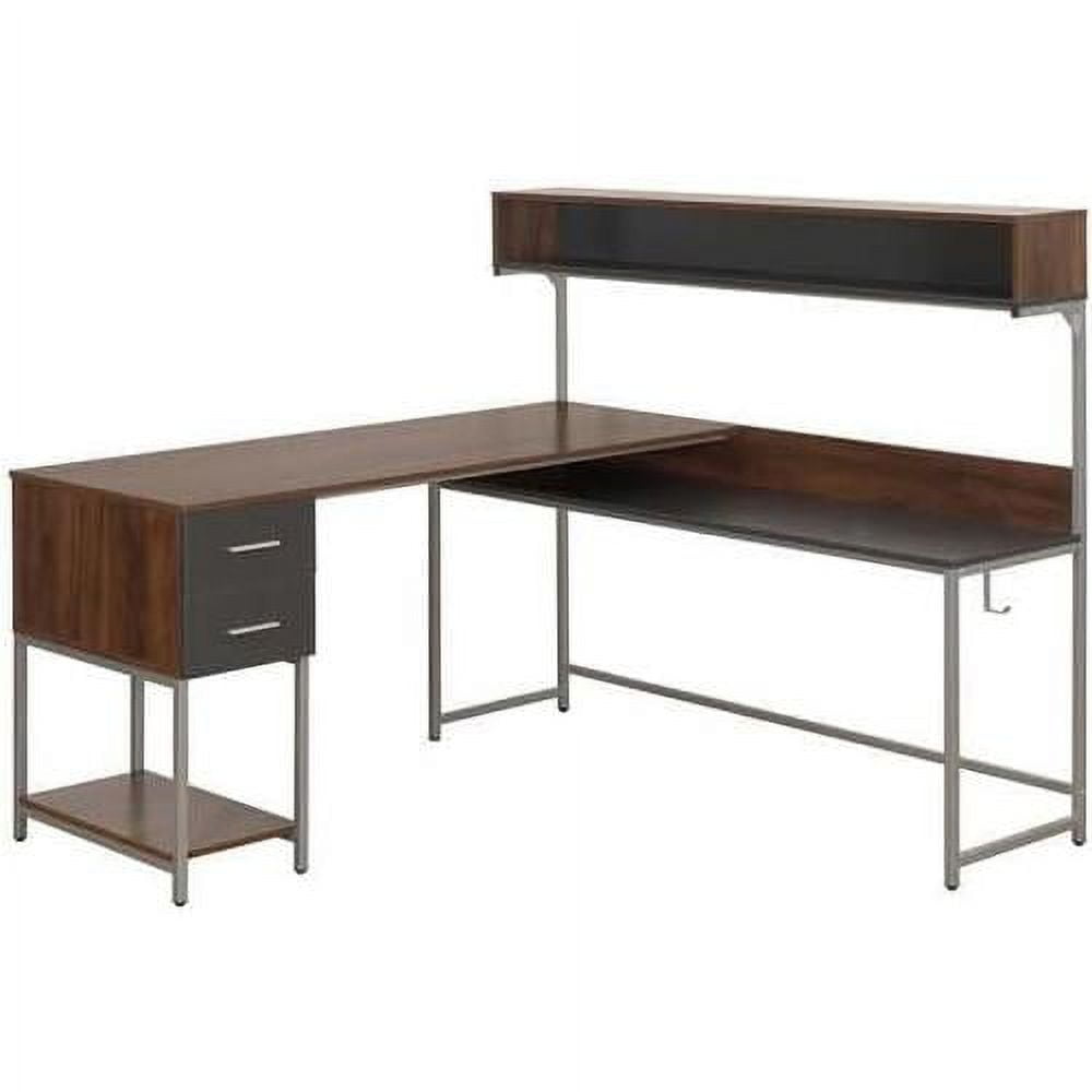 Walnut Wood L-Shaped Gaming Computer Desk with Hutch and Drawer
