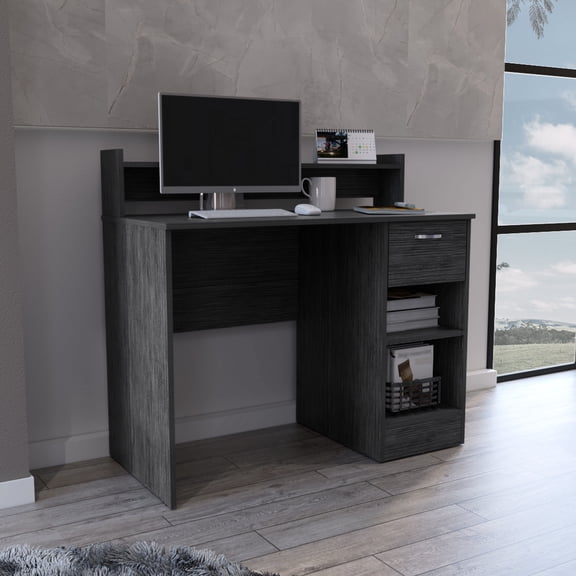 Computer Desk With Oak Look & Organized Storage. 40.37"w X 19.69"d For Computers. 5.5"h Shelf Storage/display. 11.8"w Concealed Drawer. Superior Quality Particle Board. Gray. 37.55" High. 62.79 Lb ,