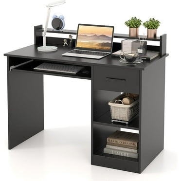 Computer Desk, Office Desk with Drawers, Hutch, Keyboard Tray & Adjustable Shelf, Small Desk with Storage, Modern Home Office Desks, Black Desk for Bedroom, Living Room, Study (Black)