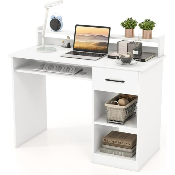 Computer Desk, Office Desk with Drawers, Hutch, Keyboard Tray & Adjustable Shelf, Small Desk with Storage, Modern Home Office Desks, White Desk for Bedroom, Living Room, Study (White)