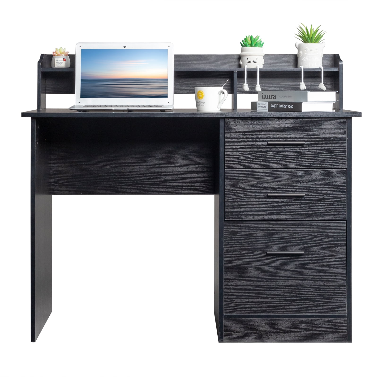 Computer Desk, Particleboard Paste Triamine Desktop Storage Layer Three Drawers Black Wood Grain, 110*50*95cm