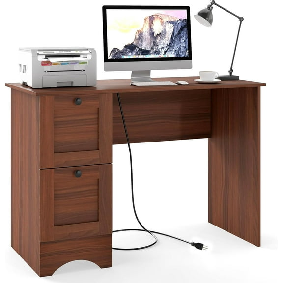 Computer Desk with Power Outlet and Drawers, 43" Home Office Desks, Farmhouse Writing Study Workstation for Teens, Small Computer Desk for Small Spaces (Walnut)