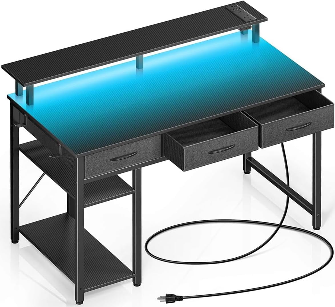 Computer Desk with Power Outlets & LED Light, 39 inch Home Office Desk ...