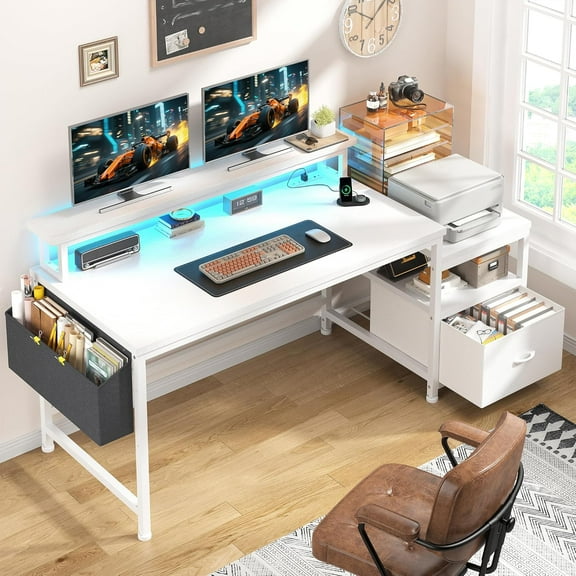 Computer Desk with Power Outlets and LED Lights,57" White Desk with Drawers and Printer Space,Home Office Desks with File Drawers Cabinet,Corner Table with Shelves Monitor Stand,Study Room,White