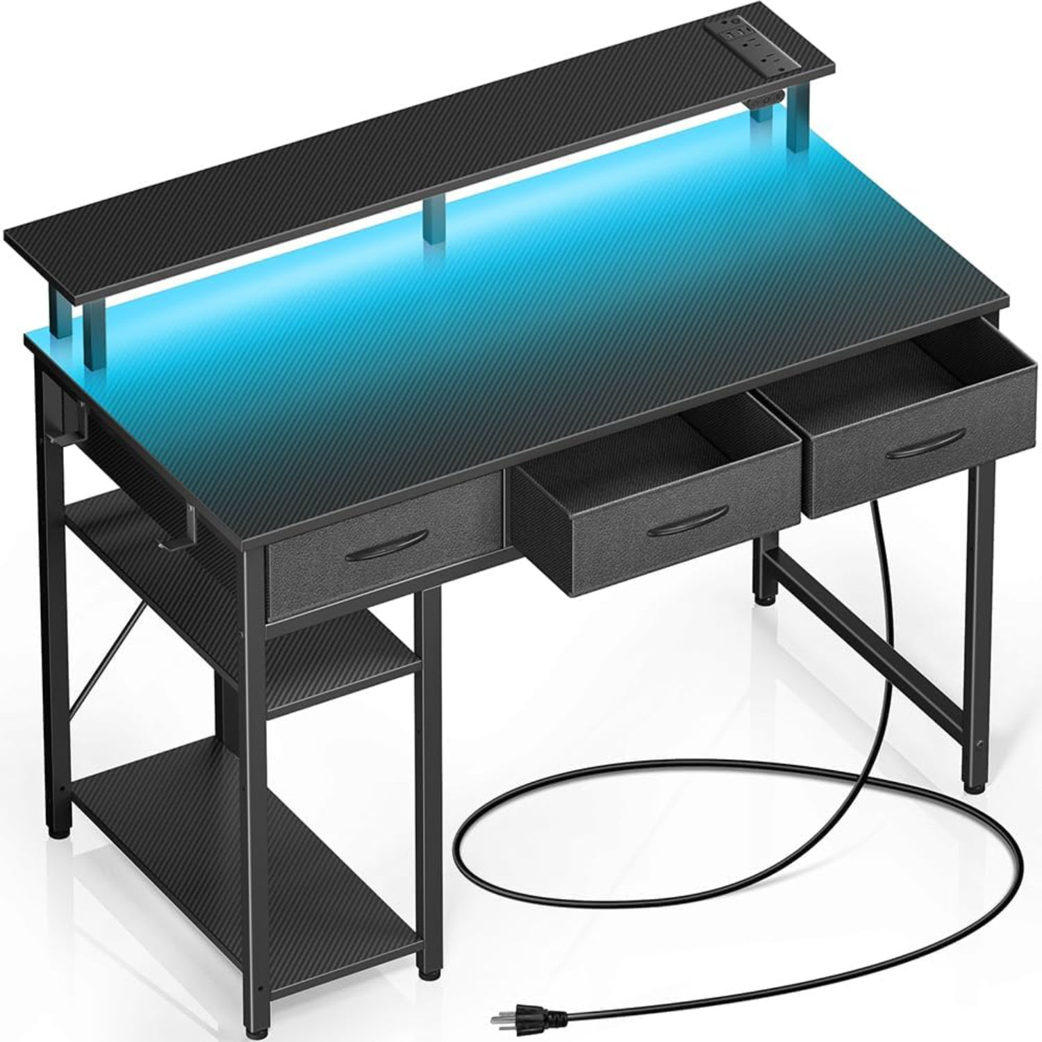Computer Desk with Power Outlets & LED Light 47 inch Office Desk with 3
