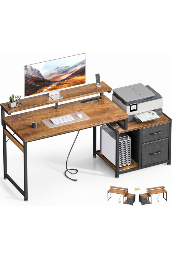 Computer Desk with Printer Storage Shelf, 56 Inch Office Desk with Drawers & Power Outlet, Reversible Desk Space-Saving Workstation with Individual PC Stand, Rustic Brown