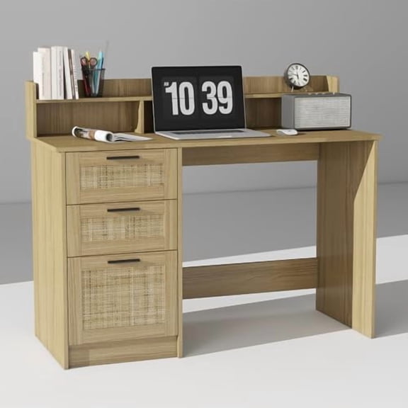 Computer Desk with Rattan Drawers and Hutch - 47 Inch Home Office Boho Writing Desk with Storage File Drawer & Monitor Stand, Modern Wood Computer Table