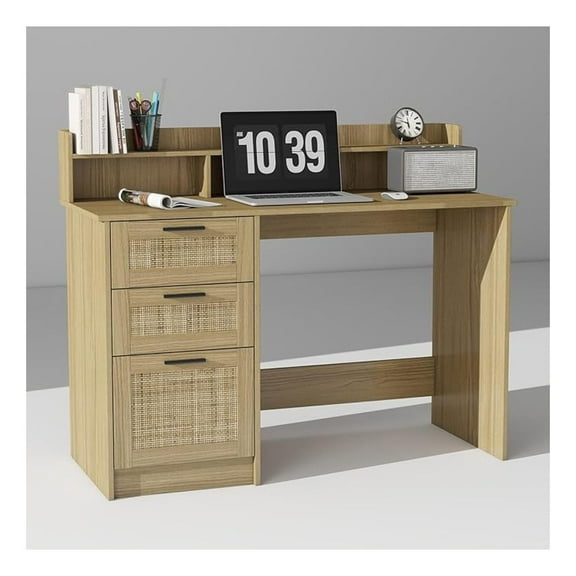 Computer Desk with Rattan Drawers and Hutch - 47 Inch Home Office Boho Writing Desk with Storage File Drawer & Monitor Stand, Modern Wood Computer Table