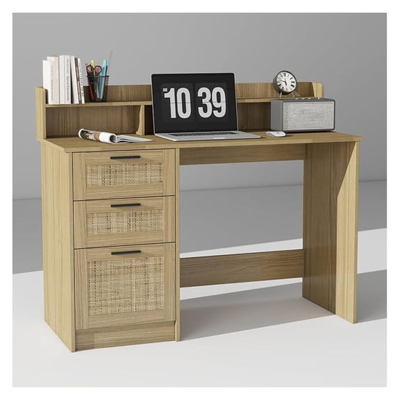 Computer Desk with Rattan Drawers and Hutch - 47 Inch Home Office Boho Writing Desk with Storage File Drawer & Monitor Stand, Modern Wood Computer Table