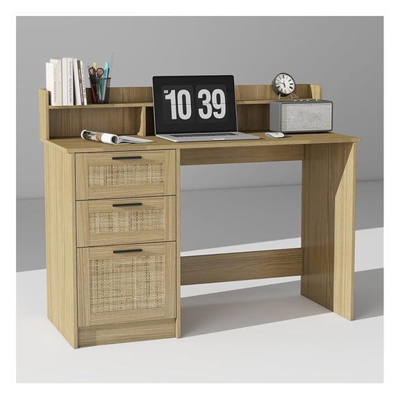 Computer Desk with Rattan Drawers and Hutch - 47 Inch Home Office Boho Writing Desk with Storage File Drawer & Monitor Stand, Modern Wood Computer Table