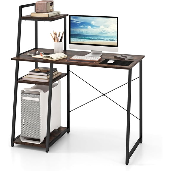 Computer Desk with Shelves, 47.5 Home Office Desk with Bookshelf, Host Stand, Metal Frame, PC Laptop Workstation, Modern Study Writing Desk for Bedroom, Small Space (Rustic Brown & Black)