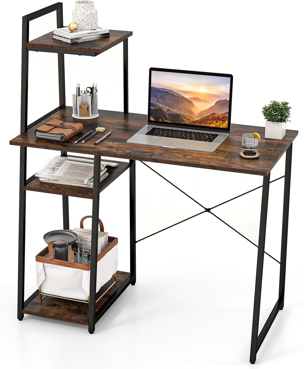 Computer Desk with Shelves Space Saving Home Office Desk with 3Tier