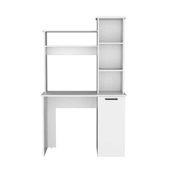 Computer Desk | Single - Door Cabinet and Hutch Storage, Office Space | Engineered Wood in White | Solves Inadequate Workspace Storage