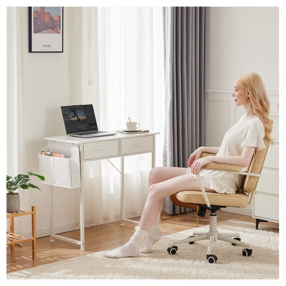 Computer Desk Small Home Office Bedroom Writing Study PC Table with Storage Space Fabric Side Bag Headphone Hook Metal Frame Adjustable