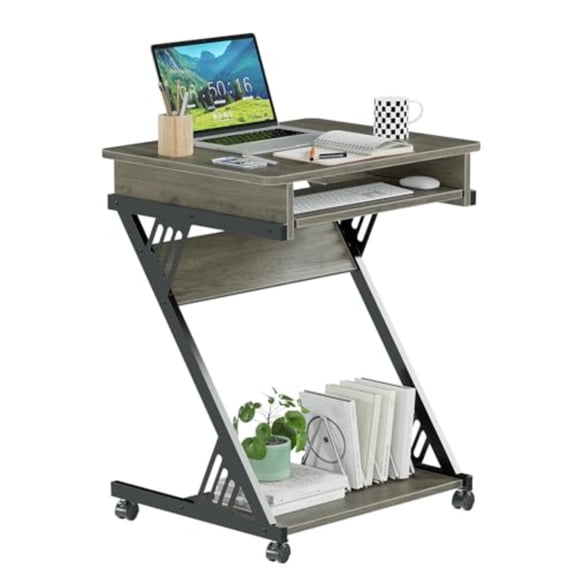 Computer Desk for Small Spaces 23.6" Z-Shaped Compact Study Table with Smooth Keyboard Tray with Wheels and Bottom Shelves for Home Office Computer Cart Mobile Laptop Cart Rustic