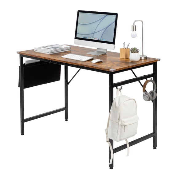 Computer Desk with Storage Shelf, Weathered Wood Finish Home Office Desk, Sturdy Iron Frame & P2 Eco-Friendly Board, Cut-Off Design Gaming Writing Desk