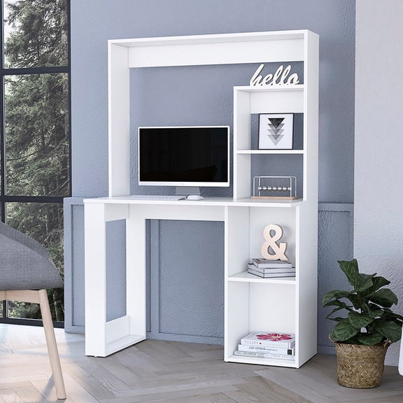 Computer Desk With & Storage Shelves - Modern Office For Efficient Output White Engineered Wood Generous Workspace Domain 38.8"w X 17.7"d 59.72"h Filling In Productive Style Use Sufficient Working