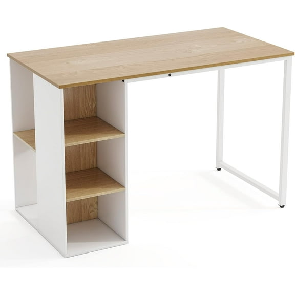 Computer Desk with Storage, Writing Desk with 5 Open Shelves & Metal Frame, Work Table for Home Office, Study Table for Bedroom, Small Desks for Small Spaces (Natural)
