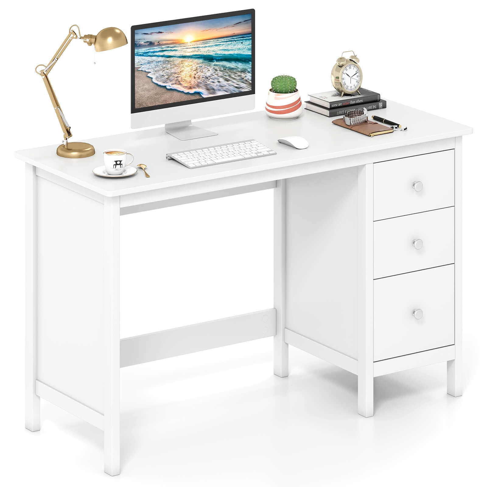 Costway Computer Desk with 3 Drawers 48" Wide Writing Desk with Storage Anti-tip Kit White