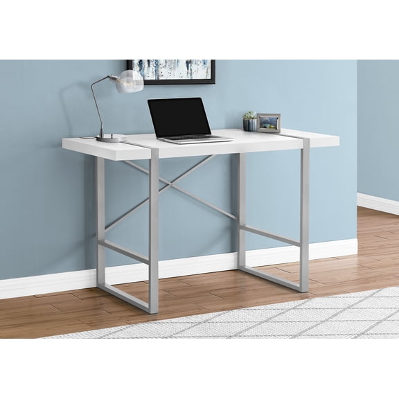 Computer Desk - Thick-Panel Desktop / Inset Metal Legs - 48"L - White / Silver