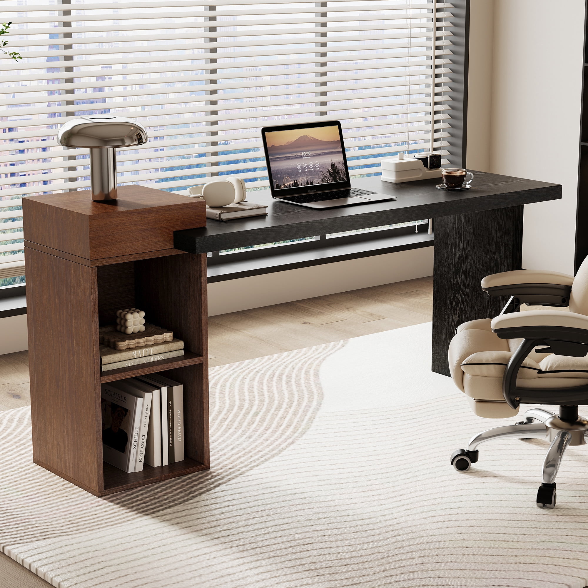 Computer Desk,Two-Tone Sofa Side Table with 2-Tier Open Storage Shelves,Wood Multipurpose Office Desk Study Desk Entryway Console Table for Study,Bedroom,Living Room,Walnut