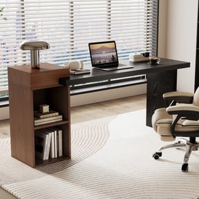 Computer Desk,Two-Tone Sofa Side Table with 2-Tier Open Storage Shelves,Wood Multipurpose Office Desk Study Desk Entryway Console Table for Study,Bedroom,Living Room,Walnut