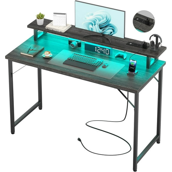 Computer Desk with USB Power Outlets and LED Lights, 47 inch Gaming Desk with Monitor Stand for Small Space Home Office, Modern Simple Study Writing Table PC Desks,Black Oak
