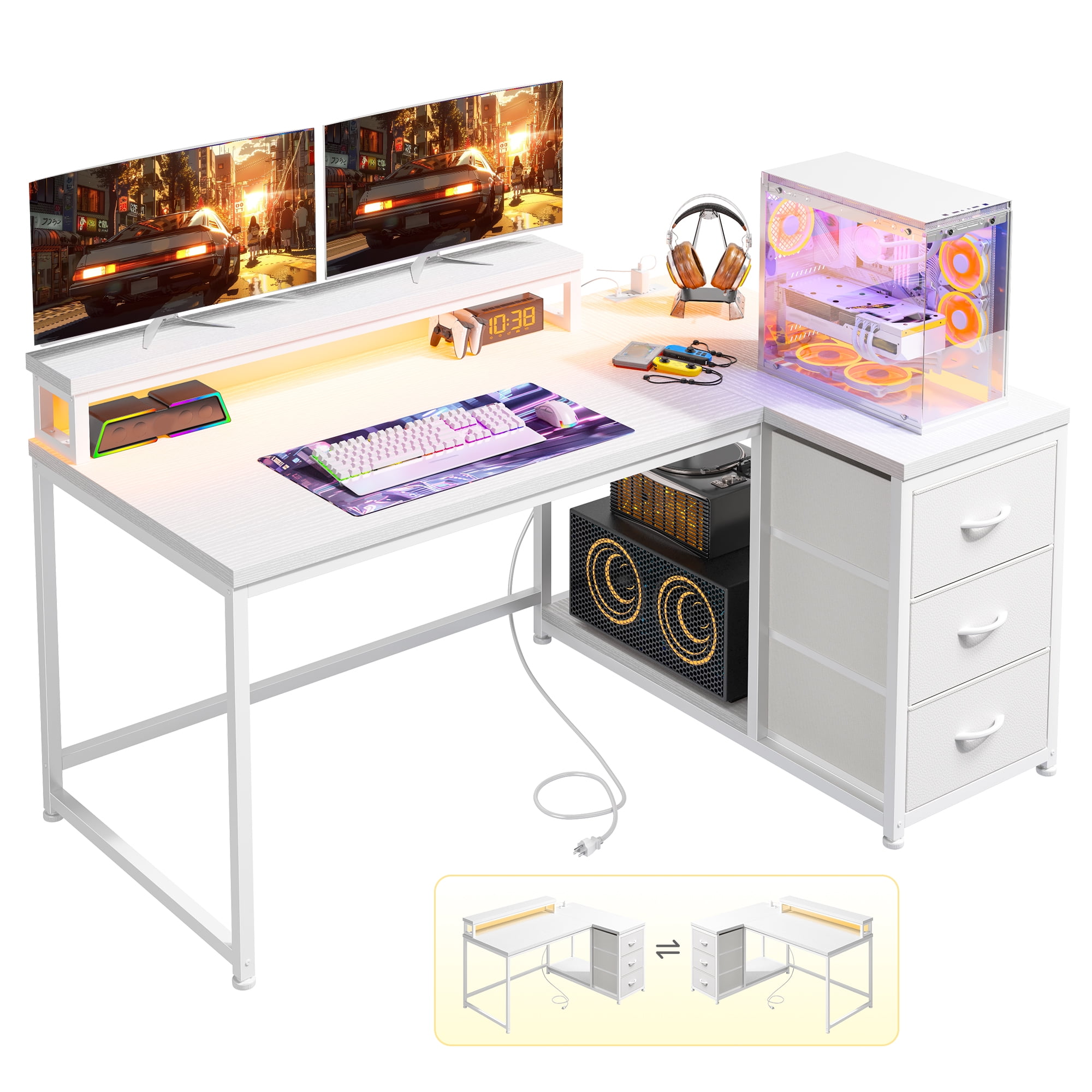 Romorgniz Computer Desk White Desk With Drawers l Shaped Desk with Monitor Stand Gaming Desk with LED Lights & Power Outlet for Gaming Room,Home Office,Bedroom,48"L x 32"W x 36"H