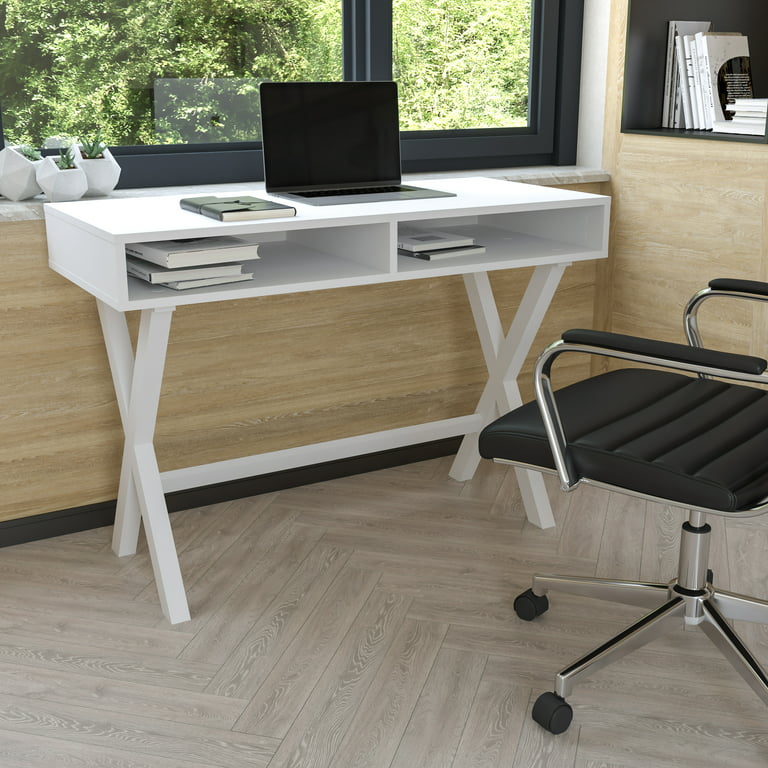 Computer Desk - White Writing Desk with Open Storage Compartments - 42 inch Long Home Office Desk Table for Bedroom, Size: 42 x 19 x 29.5