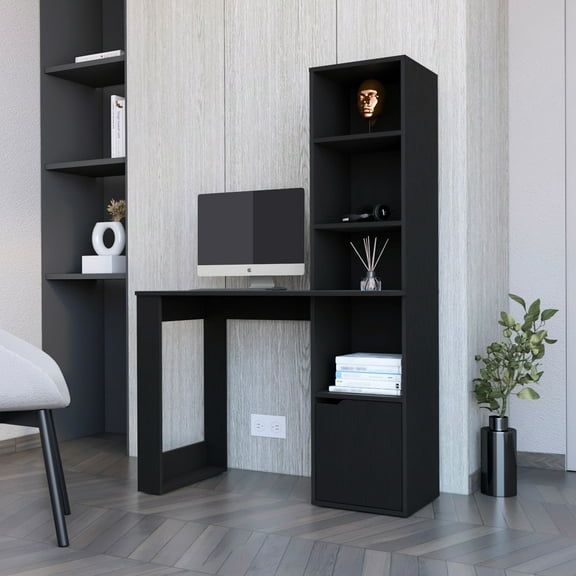 Computer Desk With 4 Bookcase And 1-door Cabinet In Classic Black Style Work For Productivity Improvement - Optimize Workspace