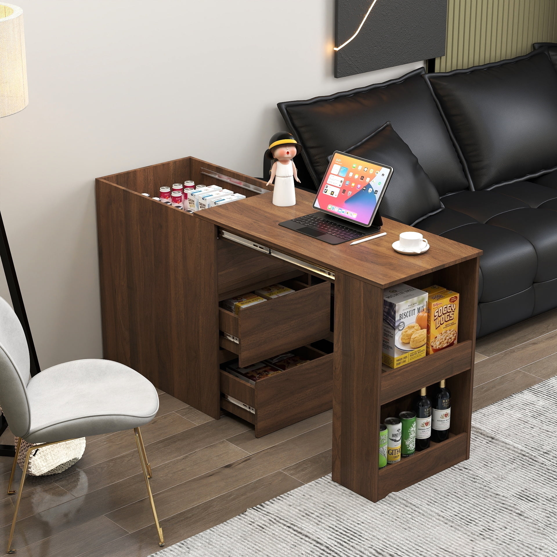 Computer Desk With Drawers, Modern Corner Home Office Storage With Extendable Table, Study Writing Desk Workstation for Home, Office