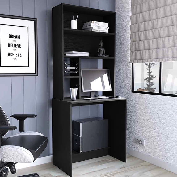 Computer Desk With Four Shelves, Black , Modern Style Shelves In Finish