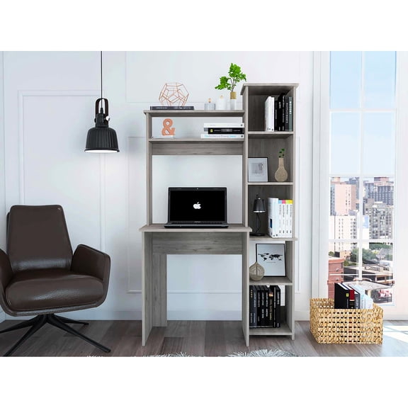 Computer Desk With Shelf For Use - Gray Rectangular Office Contemporary Tables Bookcase Storage