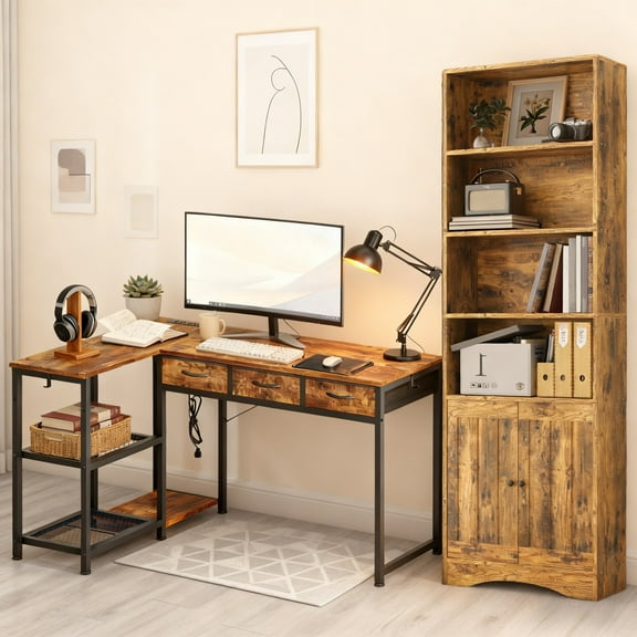 Computer Desk and Bookcase, Office Furniture Set with 53" L Shaped Corner Desk & 71" Bookshelves with Doors for Home, Retro Brown