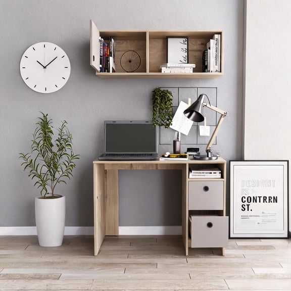Computer Desk and Wall Cabinet Set with Two Drawers and Shelf, Multicolor Particle Board, 39.3W x 19.6D Inches, Light Oak and Taupe Finish