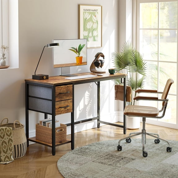 Computer Desk with 2 Drawers, 40 Inch Small Home Office Desk Study Writing Table, Brown Modern Design