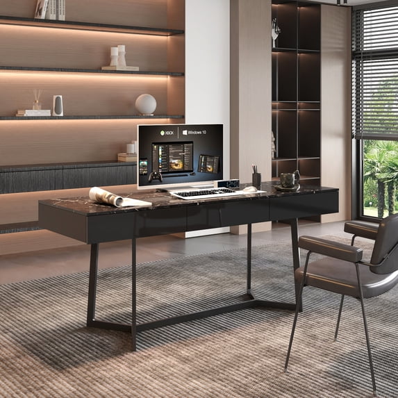 Computer Desk with 3 Drawers, 71 Inch Office Desk with Y-Shaped Metal Legs, Modern Simple Laptop Desk Study Writing Table for Living Room, Black