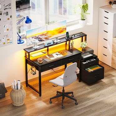 Computer Desk with 4 Drawers, 48 Inch Reversible Desk with Led Lights & Power Outlet, Home Office Desk with File Drawer & Monitor Stand, Black