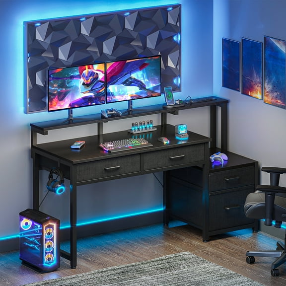 Casacomoda Computer Desk with 4 Drawers, 48 Inch Reversible Desk with Power Outlet, Home Office Desk with File Drawer & Monitor Stand, Black