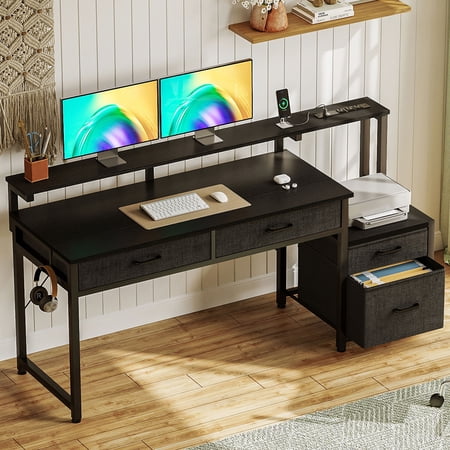 Computer Desk with 4 Drawers, 55 Inch Reversible Desk with Power Outlet, Home Office Desk with File Drawer & Monitor Stand, Black