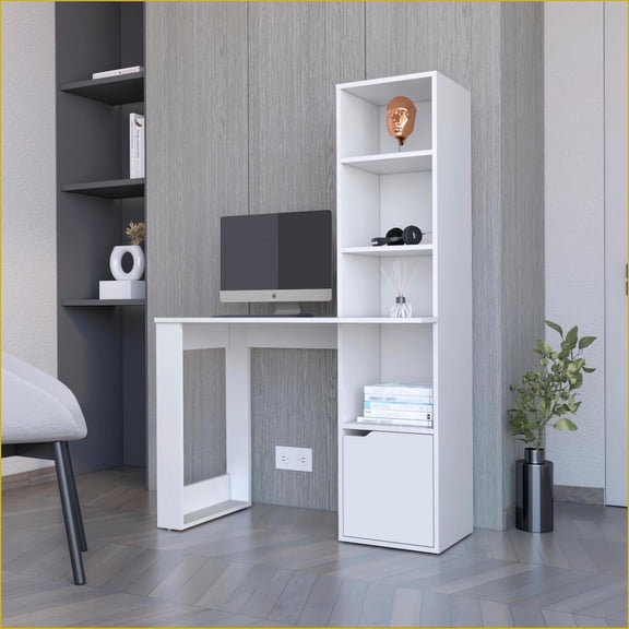 Computer Desk with 4-Tier Bookcase & 1-Door Cabinet | Anson | White | Engineered Wood