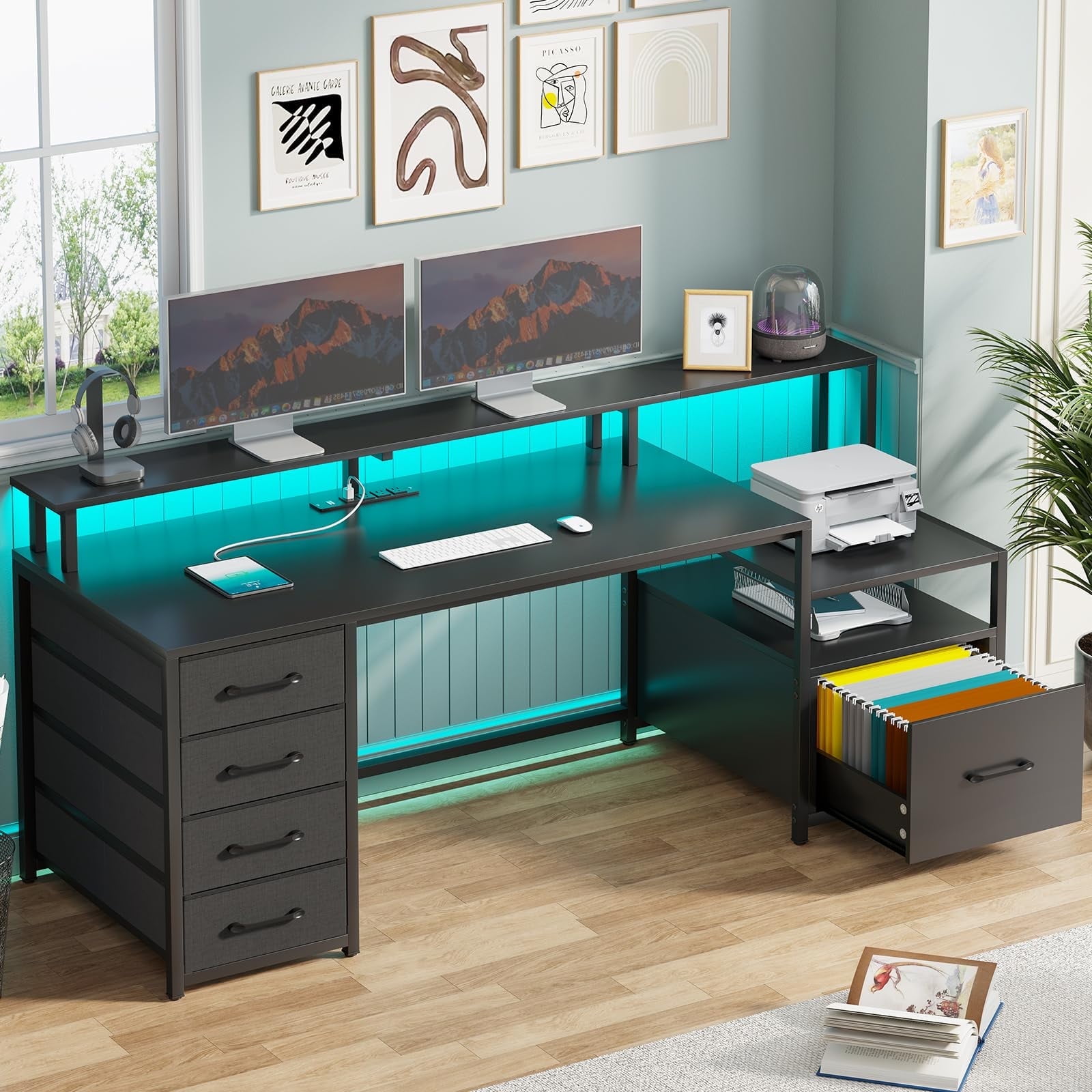 SEDETA Gaming Desk with 5 Drawer, Power Outlet & Led Lights, 66" Home Office Desk with File Drawer, Storage, Monitor Shelf, Computer Desk, Black