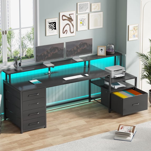 SEDETA Gaming Desk with 5 Drawer, Power Outlet & Led Lights, 66" Home Office Desk with File Drawer, Storage, Monitor Shelf, Computer Desk, Black