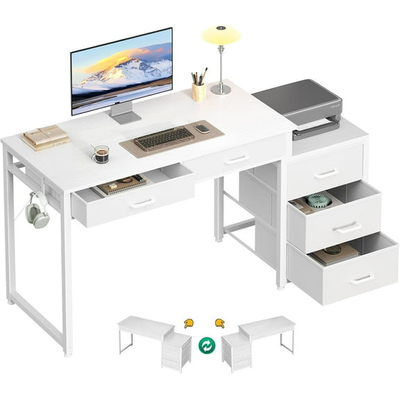 Computer Desk with 5 Drawers, 53 Inch Office Desk for Kids Study, White Vanity Desk for Girls Dressing Room, Small Computer Table for Bedroom, White