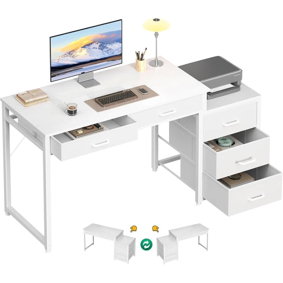 Computer Desk with 5 Drawers, 53 Inch Office Desk with Printer Shelf, Reversible Vanity Desk for Home Bedroom, Writing Table Desk for Storage, White