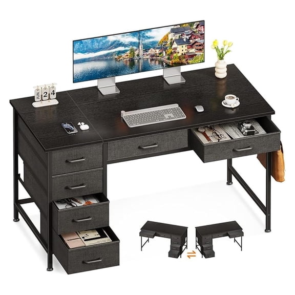 Computer Desk with 6 Drawers, Inch Office Desk with Storage, Reversible Desk with Headphone Hook for Home Office, Work Study Table for Bedroom, Black