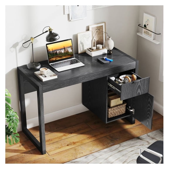 Computer Desk with Cabinet & Drawer, Modern Writing Workstation for Home Office, 44" Study Table with Storage, White/Black