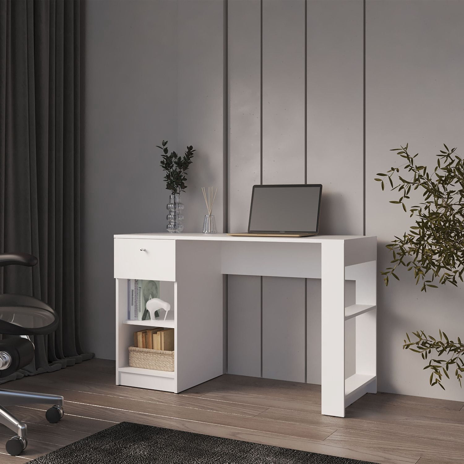 Computer Desk with Drawer and Two Open Shelves, 47.3 in Wide Rectangular Workstation for Home Office and Study, Assembly Required