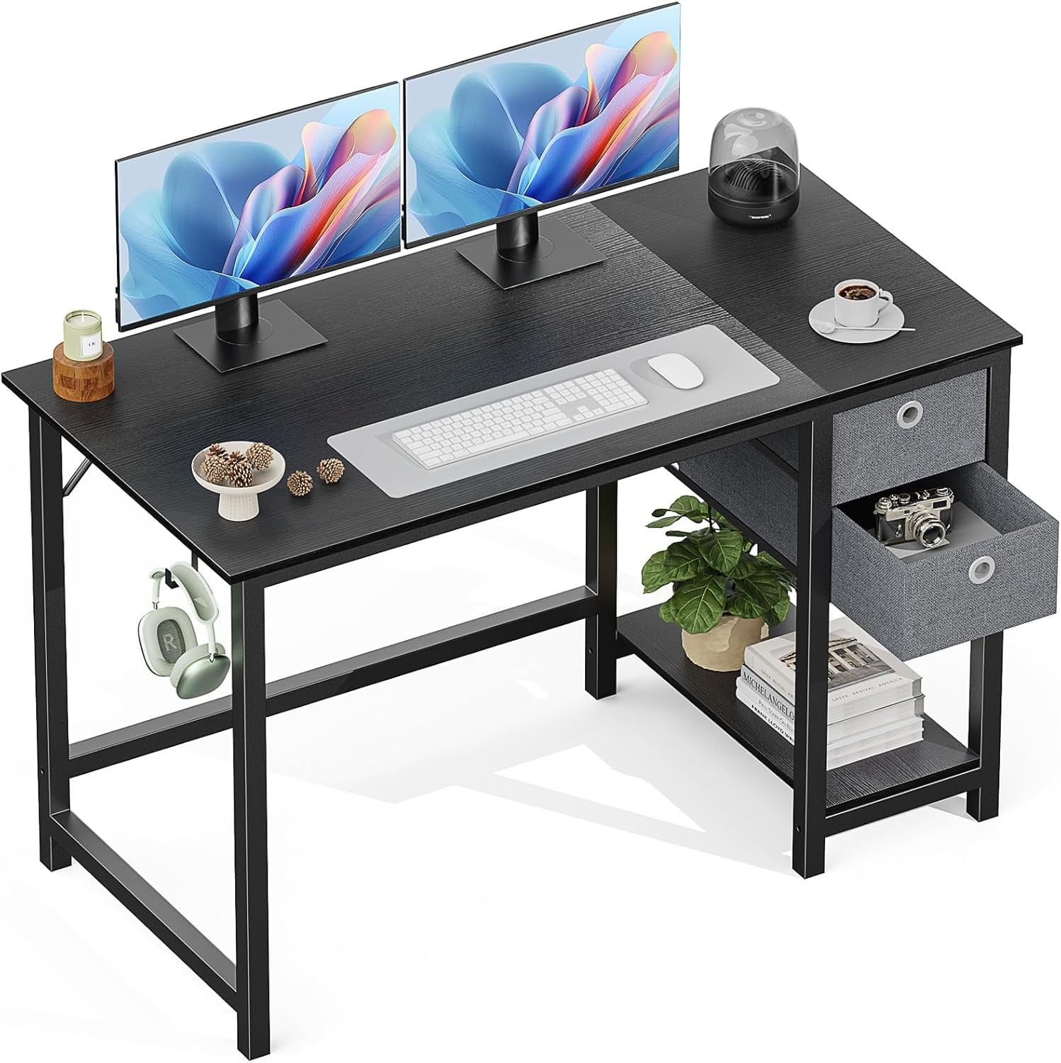 Black Wood Corner Computer Desk with Drawers and Headphone Hook