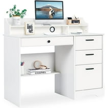 Computer Desk with Drawers, White Home Office Desk with Hutch, PC Desk Writing Table with Storage for Small Spaces, White